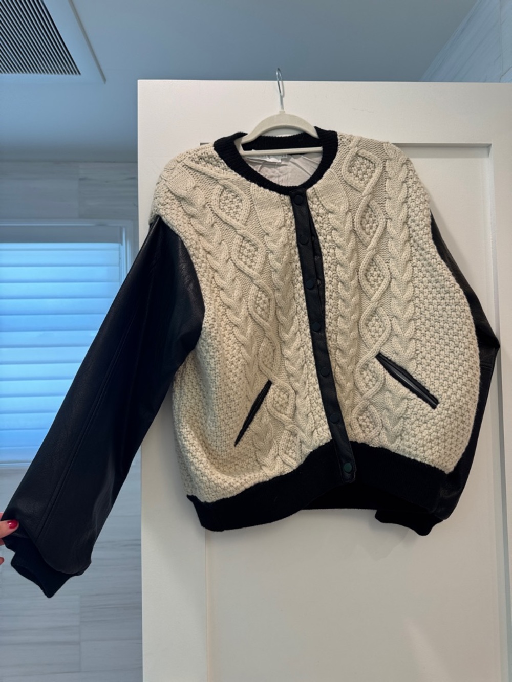 Astr Cream Cable Knit Bomber Jacket with Black Leather Sleeves